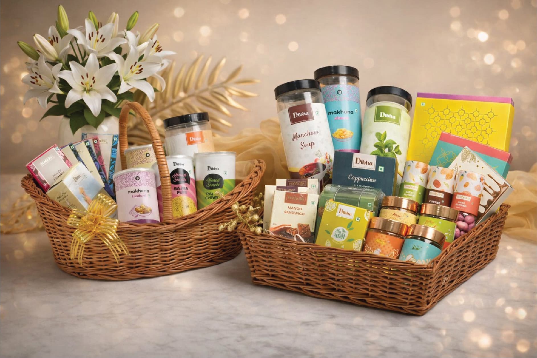 Premium festive hamper baskets filled with gourmet snacks, flowers and warm bokeh lights